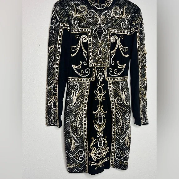 BEBE EMBELLISHMENT BODYCON MINI DRESS LONG SLEEVE BLACK - Picture 4 of 8